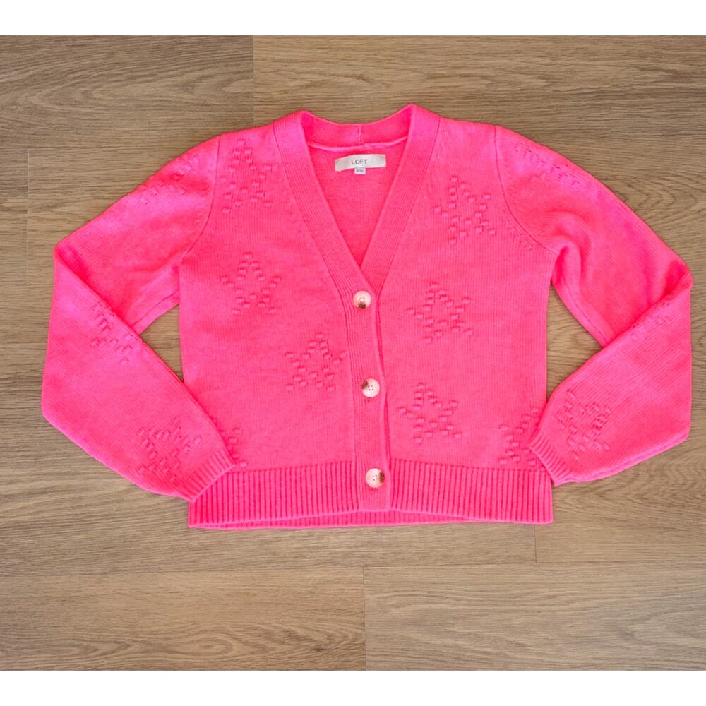 Ann Taylor LOFT Wool Blend Bobble Knit Star Cardigan Hot Neon Pink womens XS